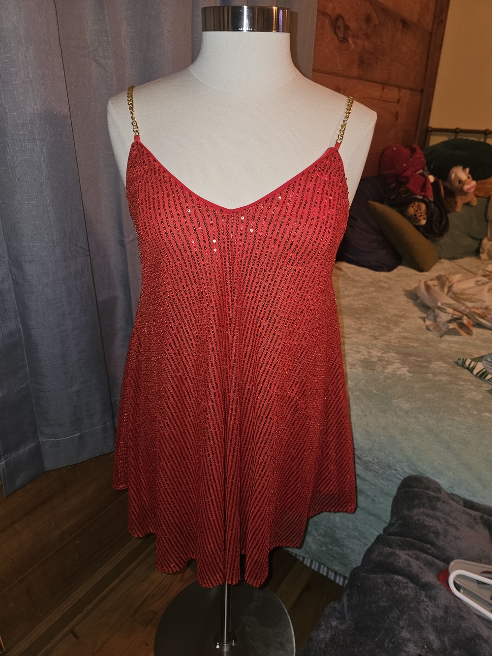 SHEIN Red Sequin Chain-Strap Mini Dress